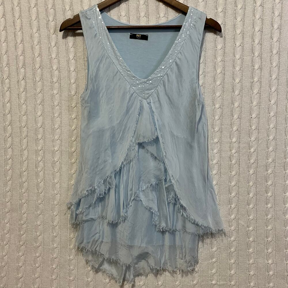 NT By Amati Baby Blue Sequin Silk Blend Sleeveless Blouse S/M